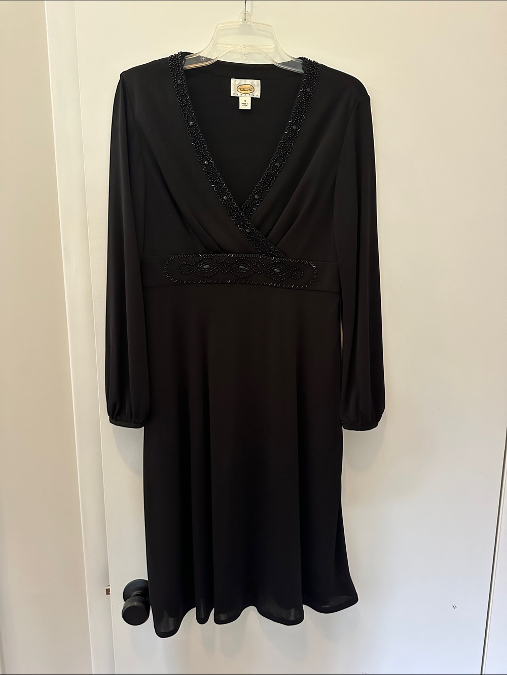 Talbots Black Long-Sleeve V-Neck Dress with Beaded Trim